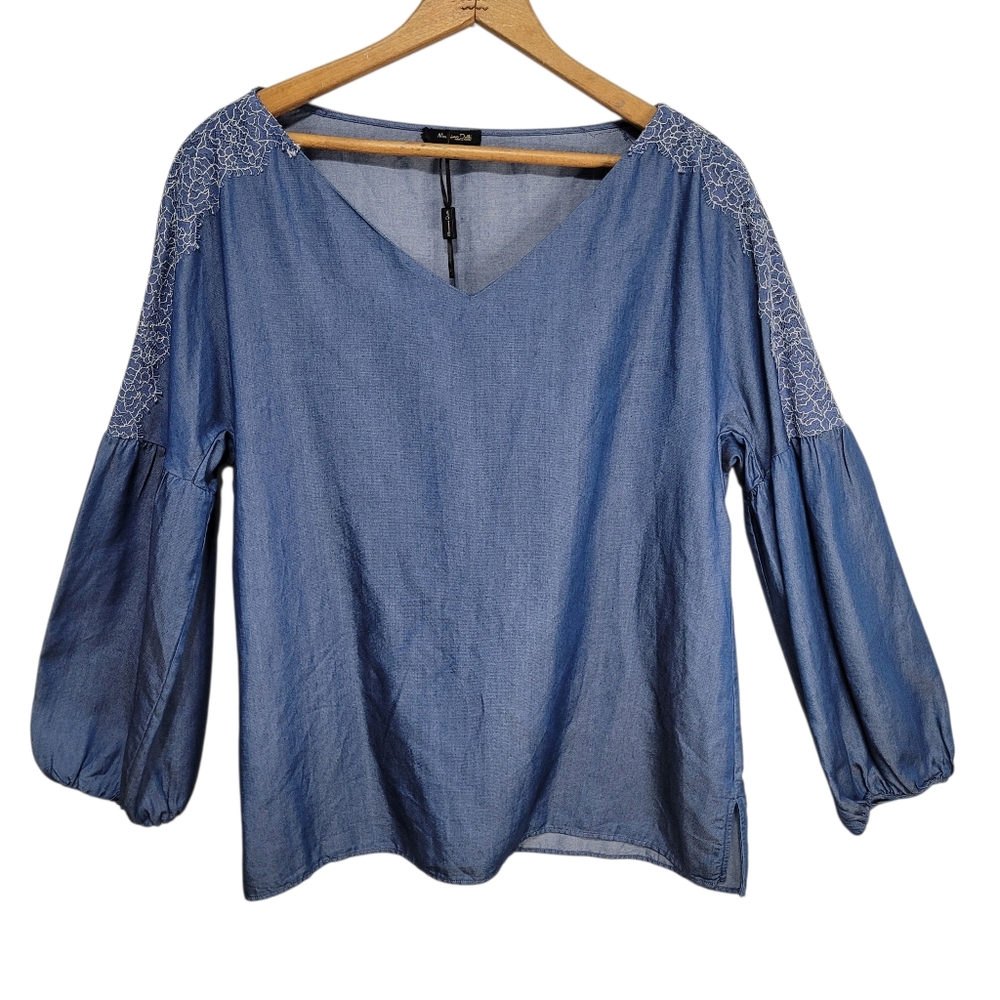 Massimo Dutti Chambray Blue V-neck Blouse With Embroidery Size M Coastal Elegant